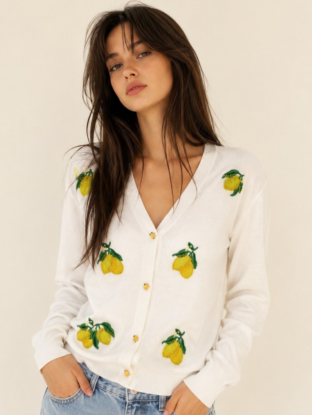 Coastal Grandma Lemoncore Resort Wear Lemon 🍋 White Cardigan Sweater NEW Sz M
